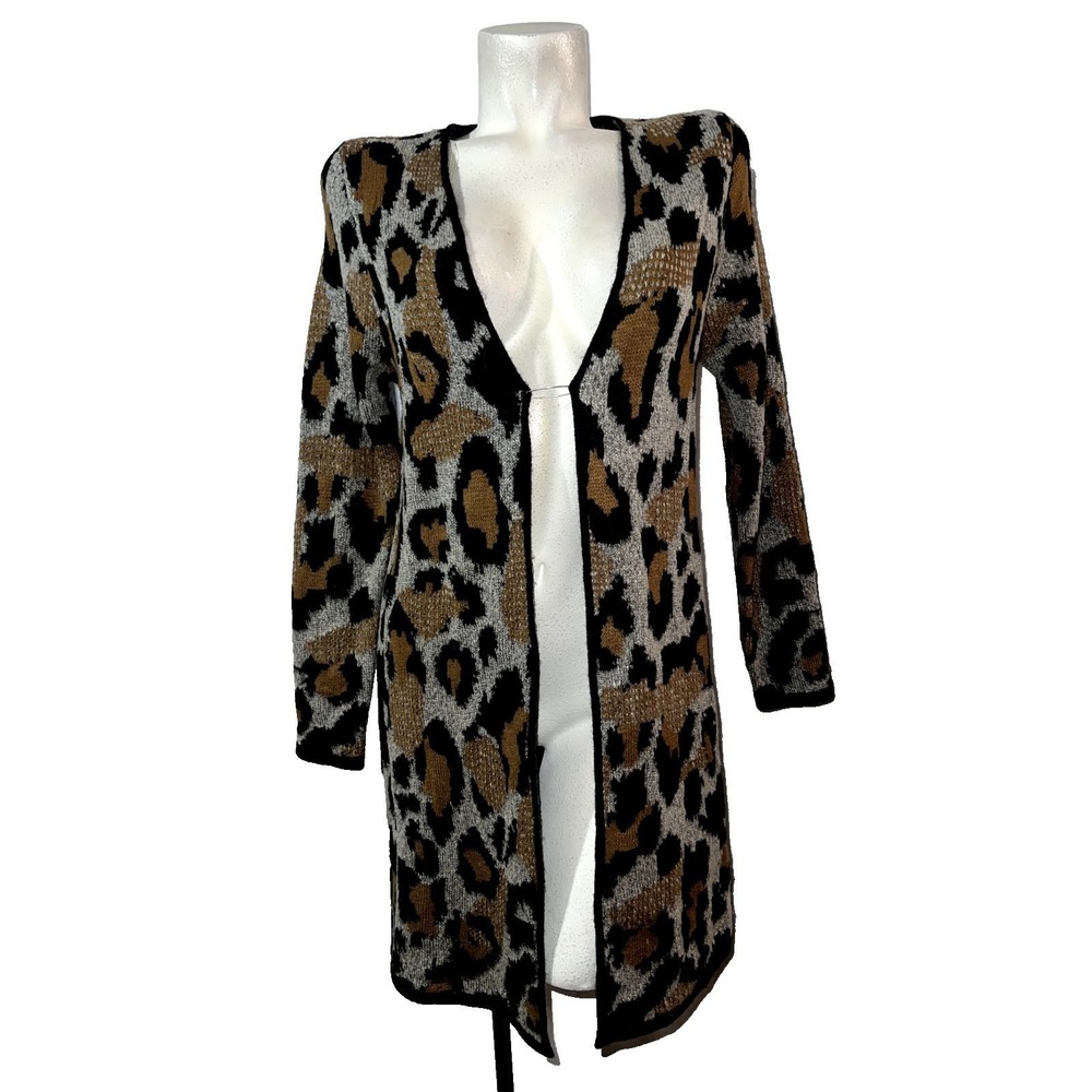New APT 9 Sweater Leopard Print Open Knit‎ Long Cardigan Women's Size Small NWT